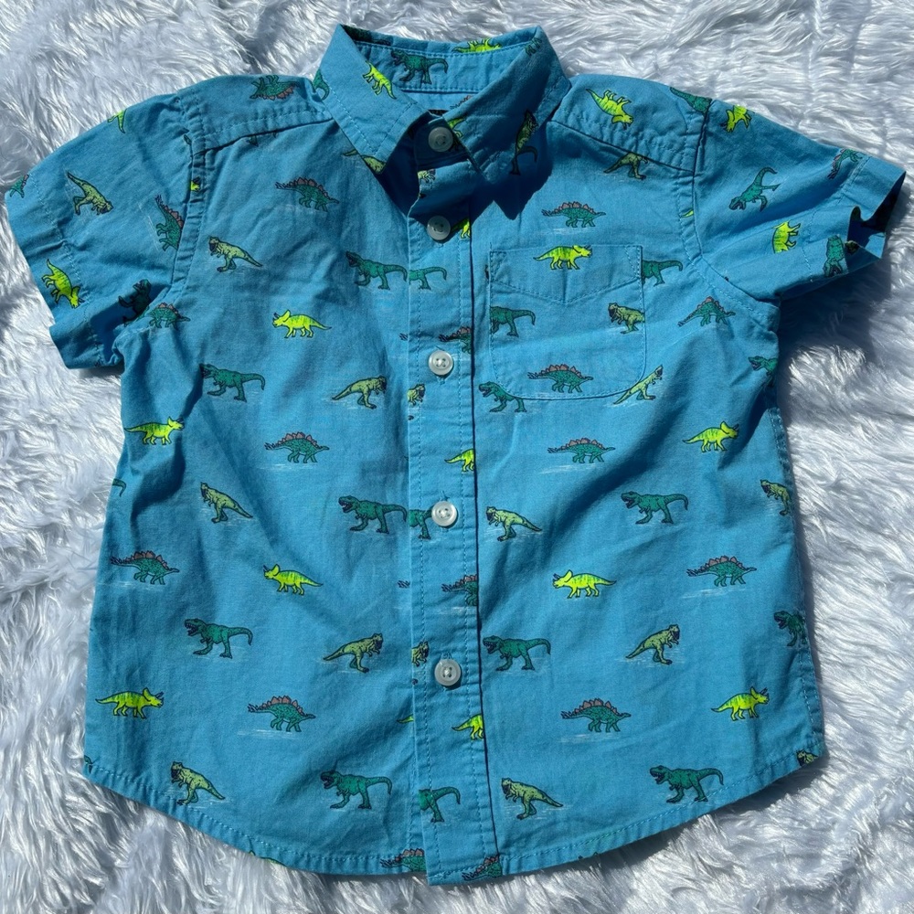The Children's Place Short Sleeve Button Up Shirt Boys Size 12-18 M Dinosaurs